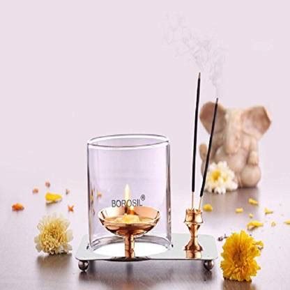 BOROSIL Glass Aarti Diya (Golden) Brass, Steel, Borosilicate Glass ...