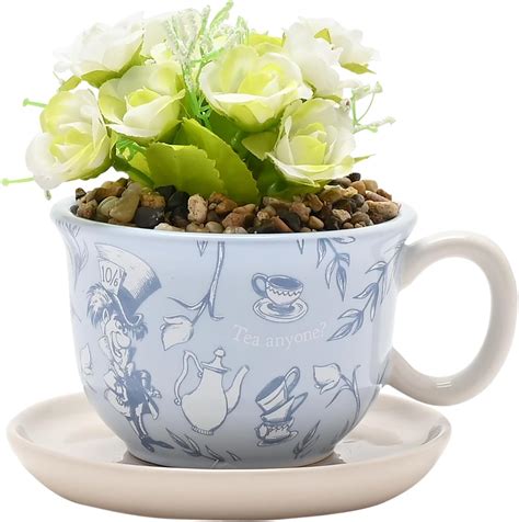 Disney Alice in Wonderland Teacup Planter – Ceramic Blue Tea Cup Plant Pot with Faux Flowers ...