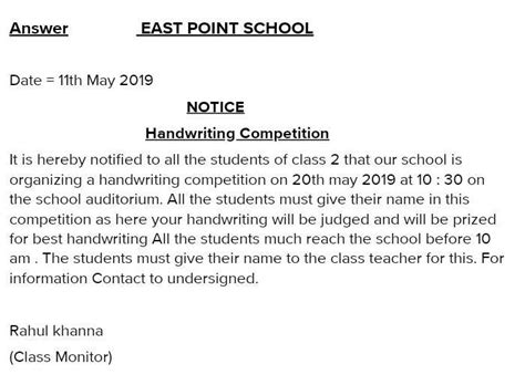 writing notice. you are the monitor of your class and have been given ...