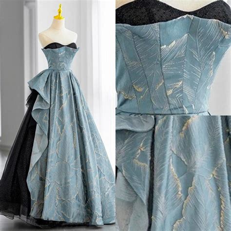 Golden-Jacquard-Leaf-Wedding-Dress-Sleeveless-Princess-Ball-Gown-Blue-Engagement-Gown-Black ...
