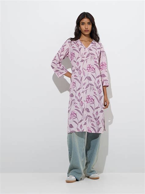 Buy Utsa Lilac Botanical Printed Cotton Straight Kurta from Westside