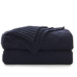 100% Cotton Navy Blue Cable Knit Throw Blanket with Bonus Laundering ...