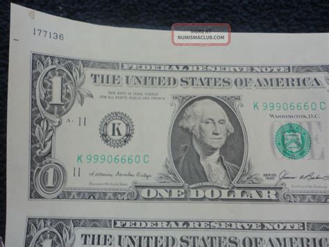 Uncut Sheet Of 32 $1 Dollar Bills K Crisp Uncirculated 1985 Federal ...