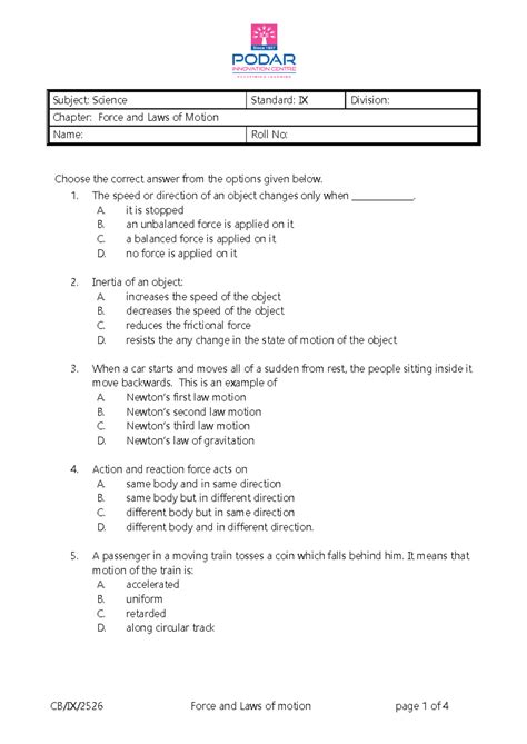 PS CB IX Sci Chapter: Force and Laws of Motion Quiz Questions - Studocu