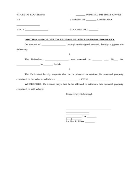 Motion and Order to Release Seized Personal Property - Blank Fillable ...