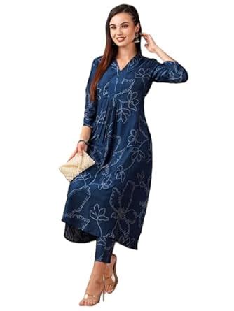 Buy GoSriKi Women's Cotton Blend Anarkali Printed Kurta with Pant ...