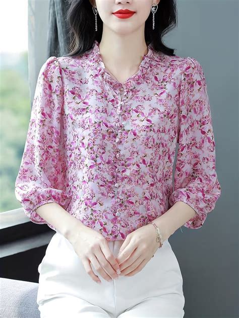 Women's Vintage Rose Print Chiffon Top | Ruffled Collar 3/4 Puff Sleev ...