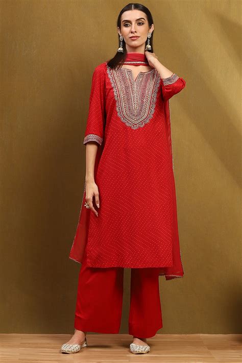 Buy Cherry Red Bandhani Printed Straight Suit Set Online at Biba India