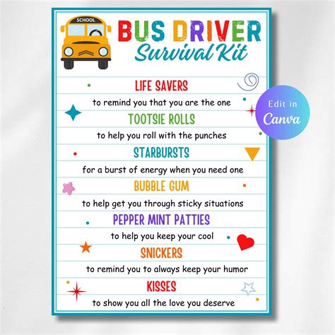 Editable BUS DRIVER Survival Kit Gift Tag, School Bus Driver Thank You, Bus Driver Appreciation ...