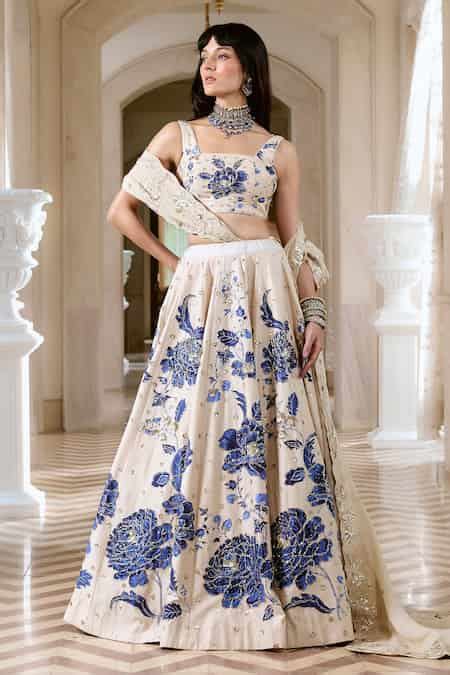 Buy Ivory Organza Sequins, Embroidery Square Neck Floral Print Lehenga ...