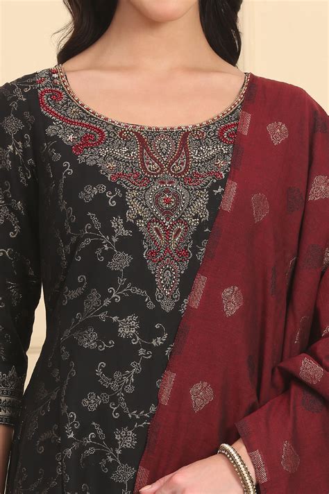 Buy Black Solid Bead Embellished Flared Festive Kurta, Trousers and ...