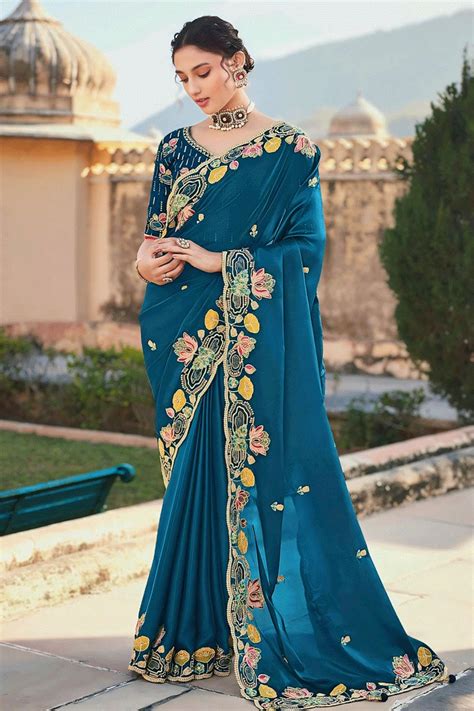 Heavy Border Firozi Color Wedding Guest Saree - Anaya Designer Studio