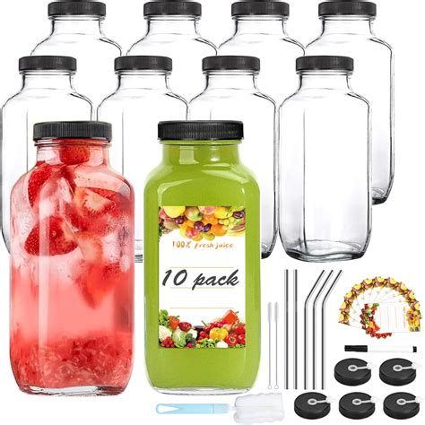 Amazon.com: Ruckae 16oz 10pcs Glass Juice Bottles with Lids and Hole ...