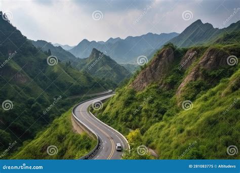 Passenger Car, Winding Its Way Along Scenic Mountain Road with Views of ...
