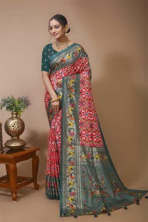 Pratha - Red Green Silk Patola Print Saree – DoriDhaga