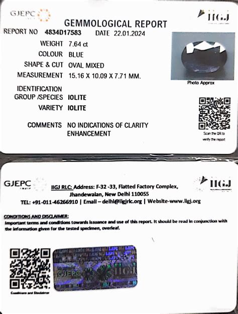 7.64/CT Natural Iolite with Govt Lab Certificate (1221) – Gem Selections