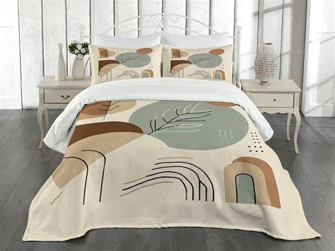 Ambesonne Modern Bedspread Set Mid Century Boho Sun Leafy Beige Dark ...