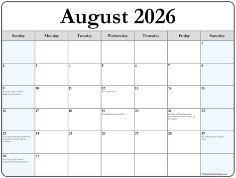 August 2026 with holidays calendar