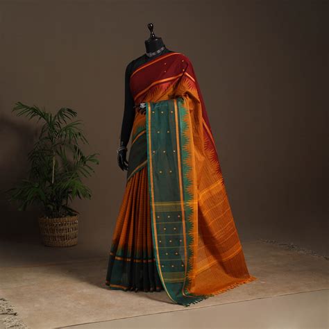 Orange Kandangi Buti Chettinad Cotton Saree with Border