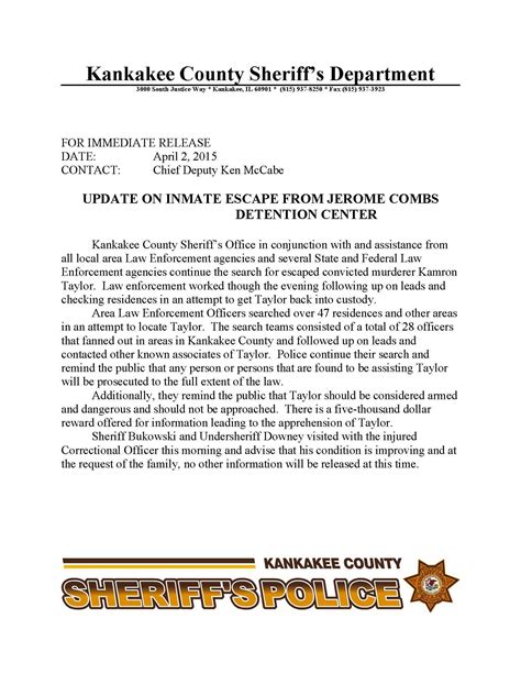 Kankakee County Sheriff's Office - UPDATE ON INMATE ESCAPE FROM JEROME ...