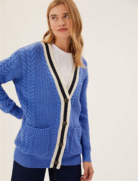 Buy Cotton Rich Cable Knit V-Neck Cardigan at Marks & Spencer