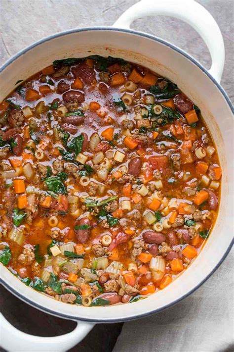 Hearty Italian Pasta Fagioli recipe. The soup is loaded with meat ...