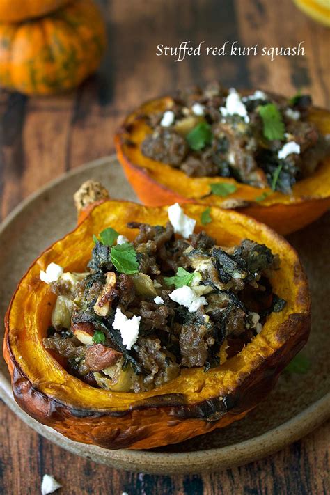 Beef, Feta, Almond, and Spinach Stuffed Red Kuri Squash Recipe