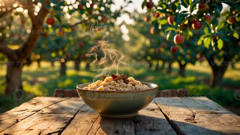 Hot Breakfast Cereal with Cinnamon in Apple Orchard Setting 66787717 Stock Photo at Vecteezy