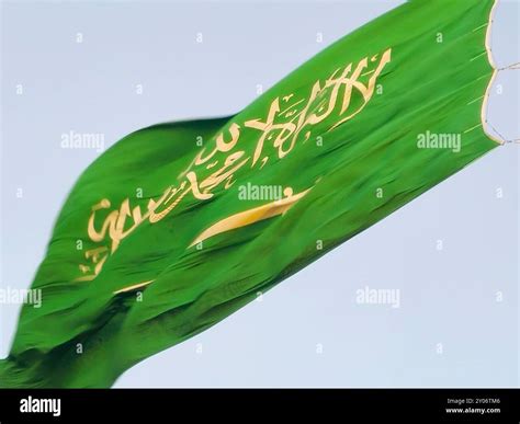 The national flag of Saudi Arabia kingdom, a green background with Arabic inscription and a ...