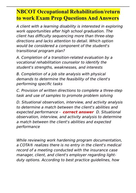 NBCOT Occupational Rehabilitation/return to work Exam Prep Questions ...