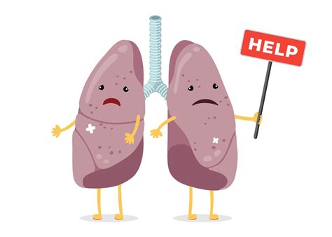 Cartoon sad suffering sick lungs characters. Unhealthy damage human respiratory system internal ...