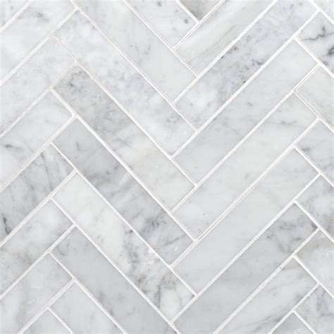 Bianco Carrara Herringbone Polished Marble Mosaic | Floor and Decor