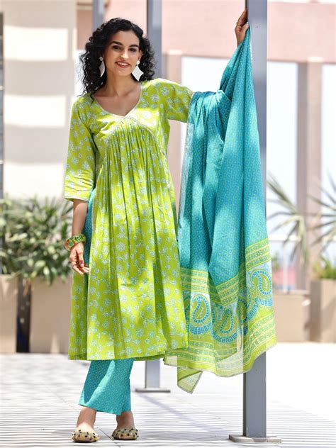 Buy Green Printed Cotton A-Line Kurta With Palazzos & Dupatta Online at ...