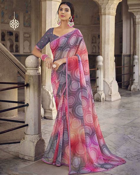 Vishal Prints Cool Grey Digital Print Georgette Saree With Fancy Borde