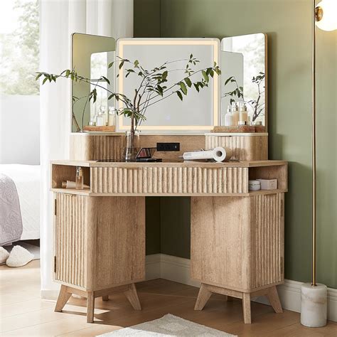 T4TREAM Fluted Makeup Vanity Desk with 3 Way Mirror and Lights, 48 ...