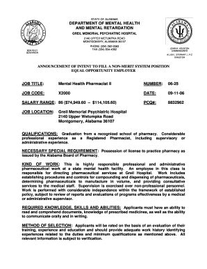 Fillable Online mh alabama Mental Health Pharmacist II NUMBER: 06-25 ...