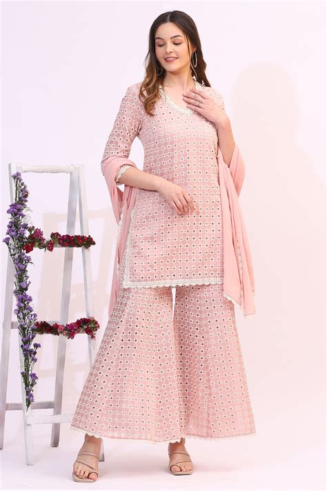 Pink Embroidered Schiffli Straight Short and Sharara Set with Dupatta