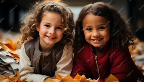 Smiling girls cheerful boys cute siblings playing in autumn generated ...