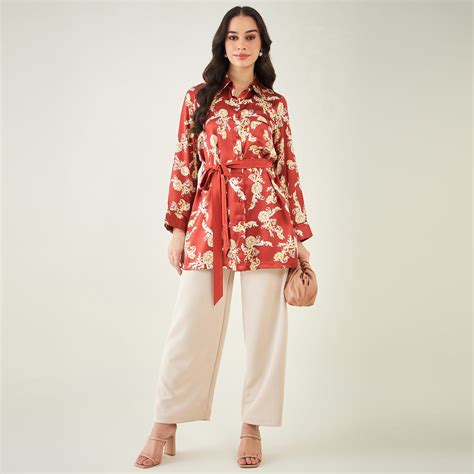 Red Baroque Print Shirt with Belt – First Resort by Ramola Bachchan