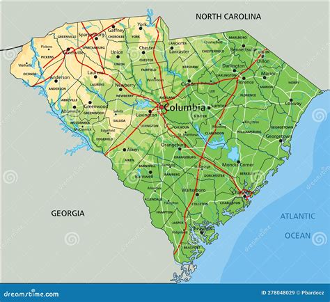 Detailed South Carolina Physical Map with Labeling. Stock Vector ...
