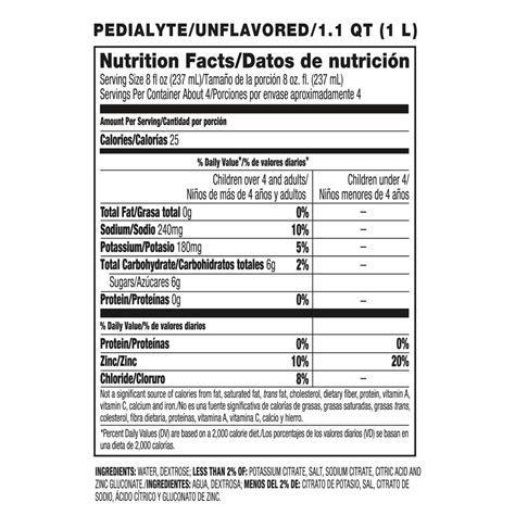 44 pedialyte nutrition facts label