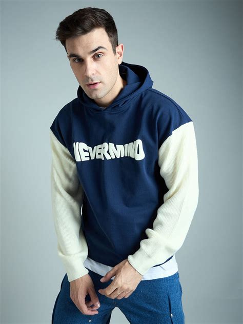 Navy Cropped Hoodie With Knitted Sleeves | Buy Mens Sweatshirt ...