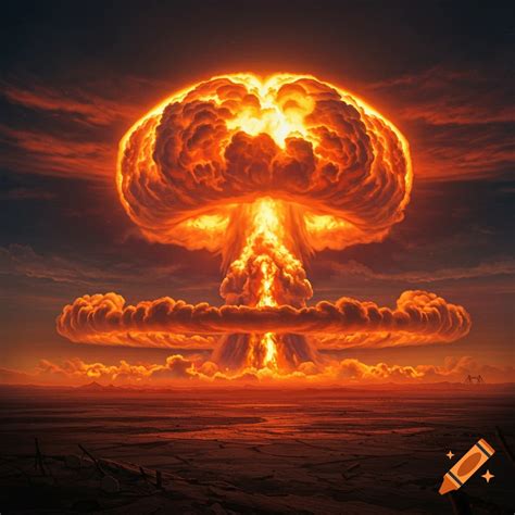 A massive, fiery atomic mushroom cloud rises from an explosion over a ...