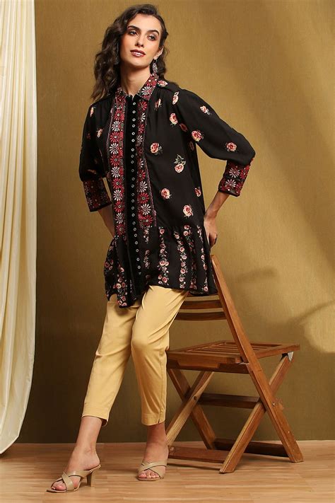 Buy Black Floral Printed Shirt-Style Tiered Kurta Online at Biba India