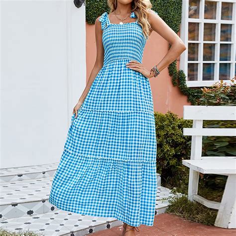 Womens Plaid Maxi Dress Tie Straps Smocked Elastic Tops Tiered Flowy ...
