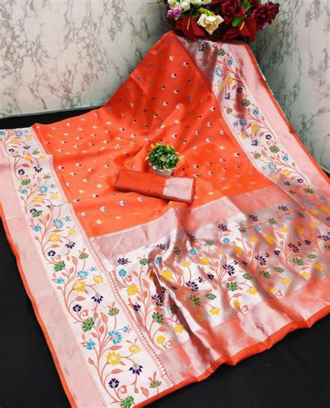 Gorgeous Orange Paithani Silk Saree With Alluring Blouse Piece – SilkFolks