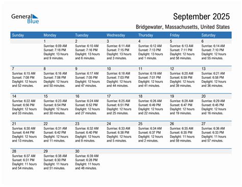 September 2025 Sunrise and Sunset Calendar for Bridgewater (PDF, Excel ...