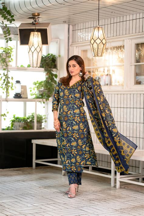 Navy Yellow Cotton Suit Set – DIMPLE DESIGN STUDIO