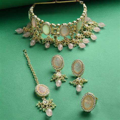 Buy Zaveri Pearls Pink Green Kundan Necklace Earring Ring & Maangtikka ...