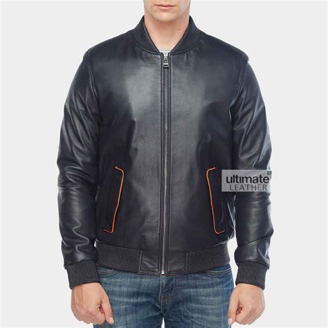 Get Mens Ribbed Collar Style Black Bomber Leather Jacket